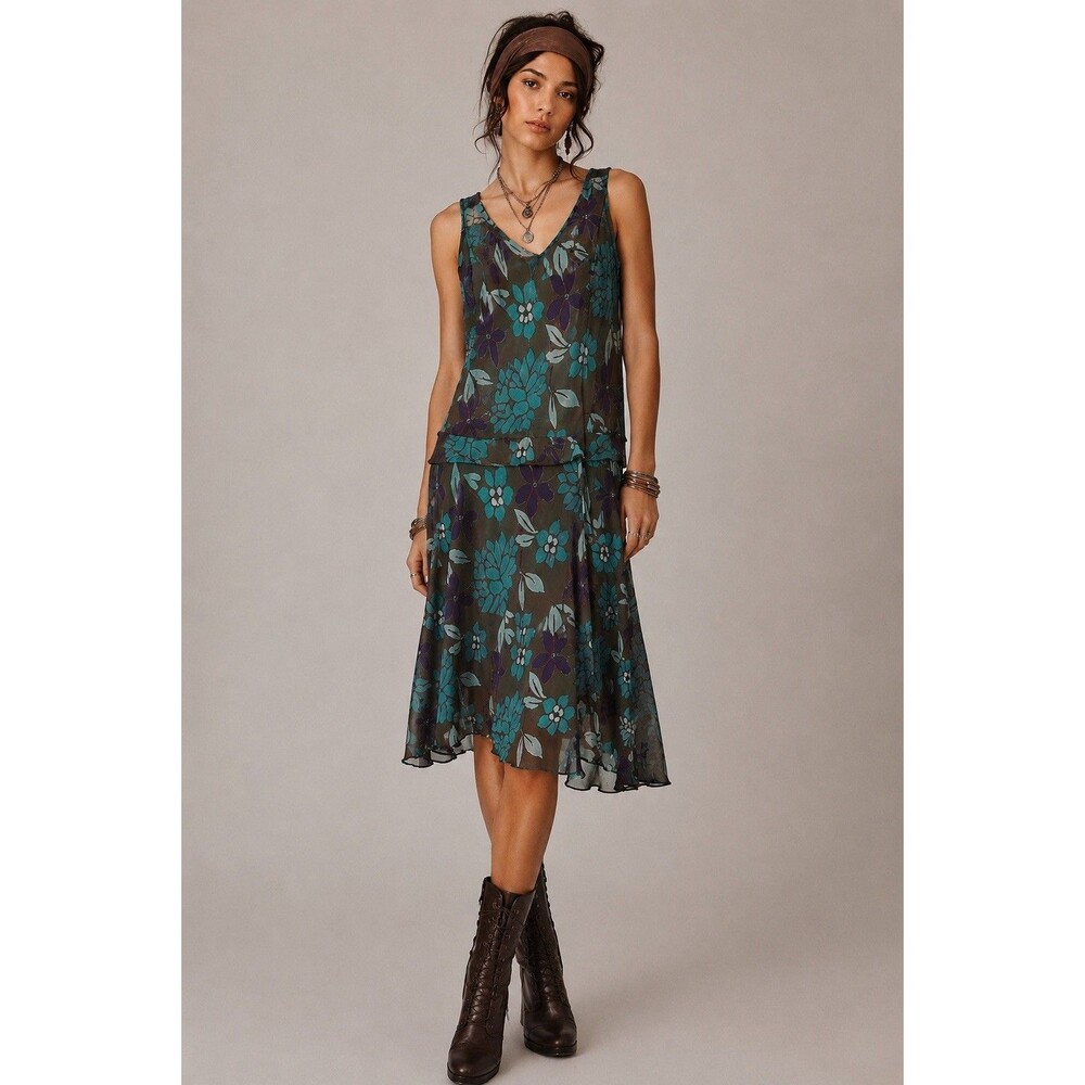 VTG Y2K Drop Waist Sheer Lined Floral Midi Dress Sleeveless Fairy Grunge Size 10